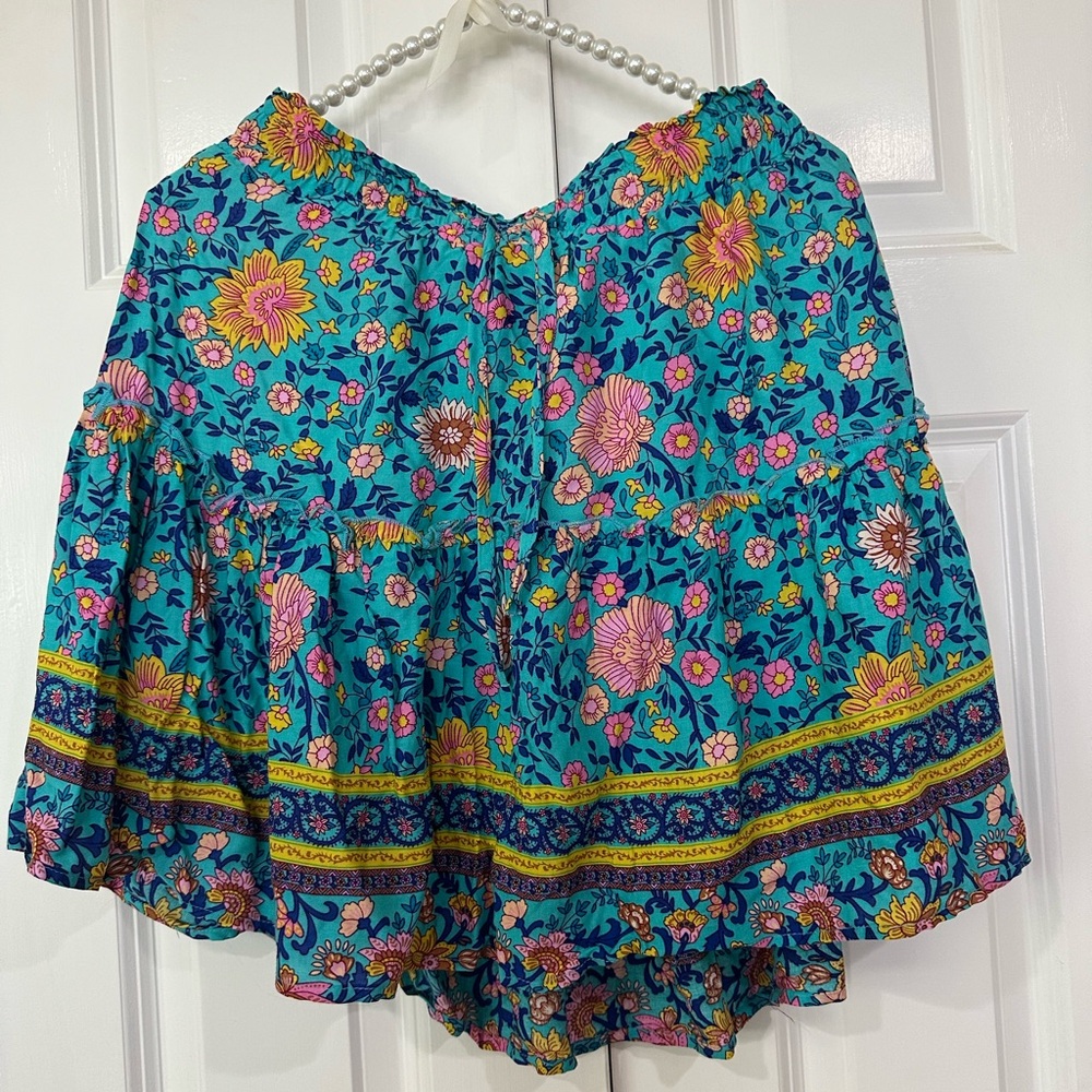 turquoise with pink  floral skirt with elastic waist tie - size large
